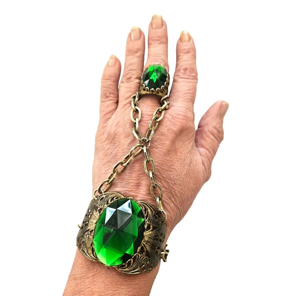 Vintage Green Glass Slave Bracelet Ring Art Deco Style Filigree Hand Chain
